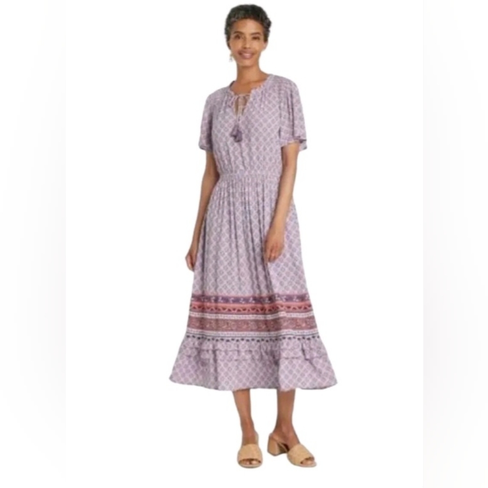 Short Sleeve Smocked Tassel Midi Dress Lilac Haze XXL
